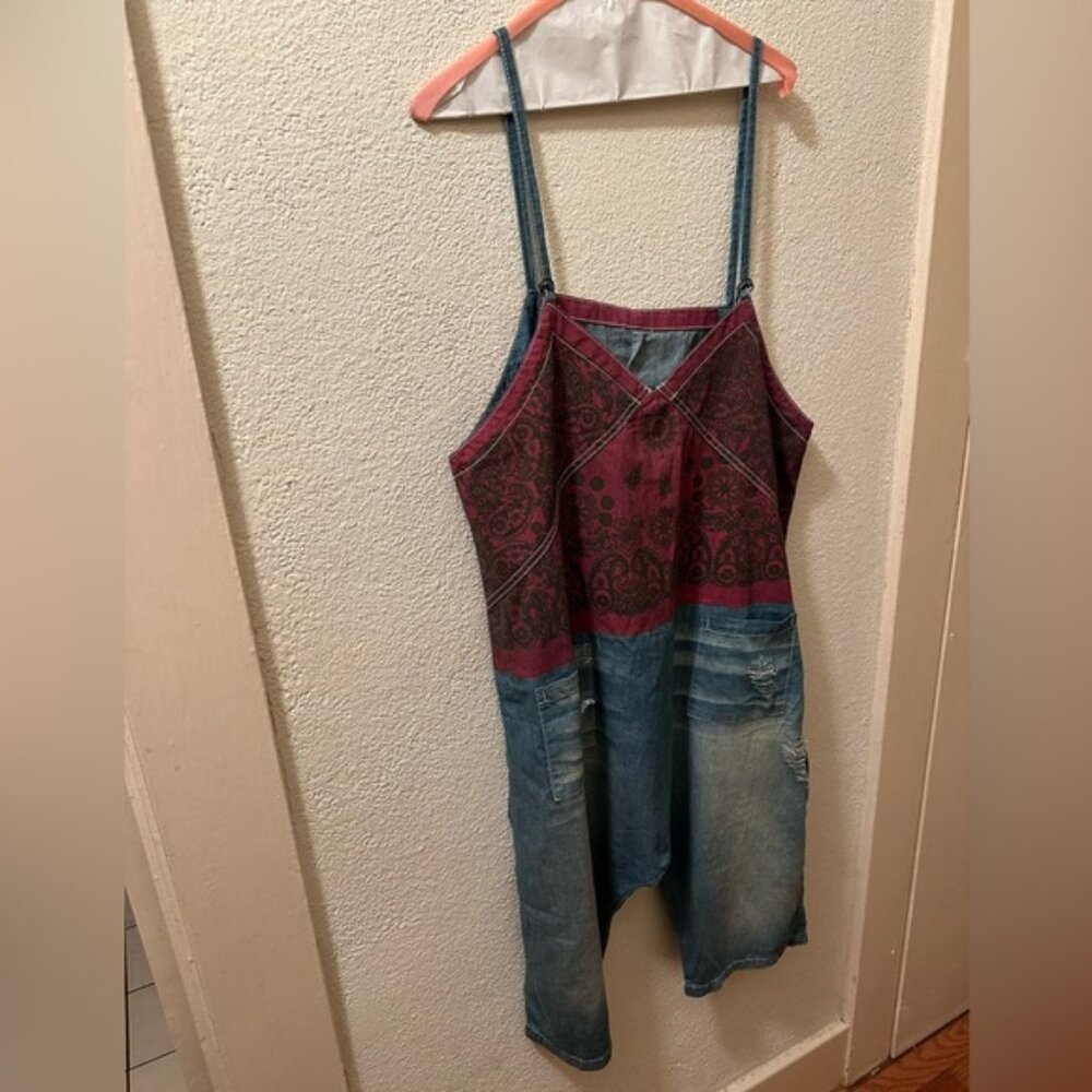 Monthorigin Japanese Harem Overalls One Size Oversized Distressed Cotton Red Bib